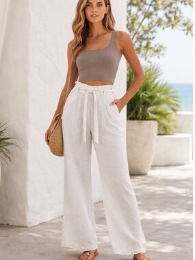 Saks 5th Avenue Linen Pants S Tie Waist Wide Leg Quite Luxury Capsule Wardrobe